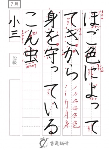 7月の硬筆お手本-小3「ほご色によっててき」